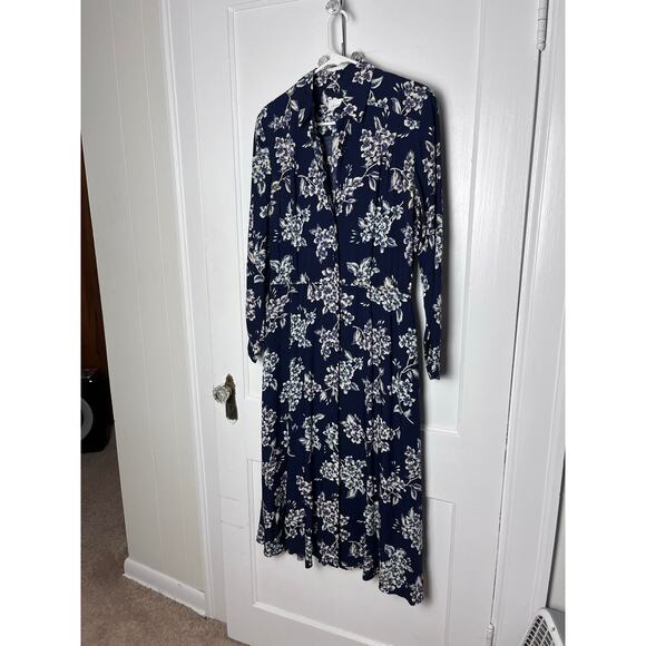 Vintage 90s Liz Claiborne Navy Blue Long Sleeve Midi Dress Flowy Cottagecore 8 - Picture 1 of 6